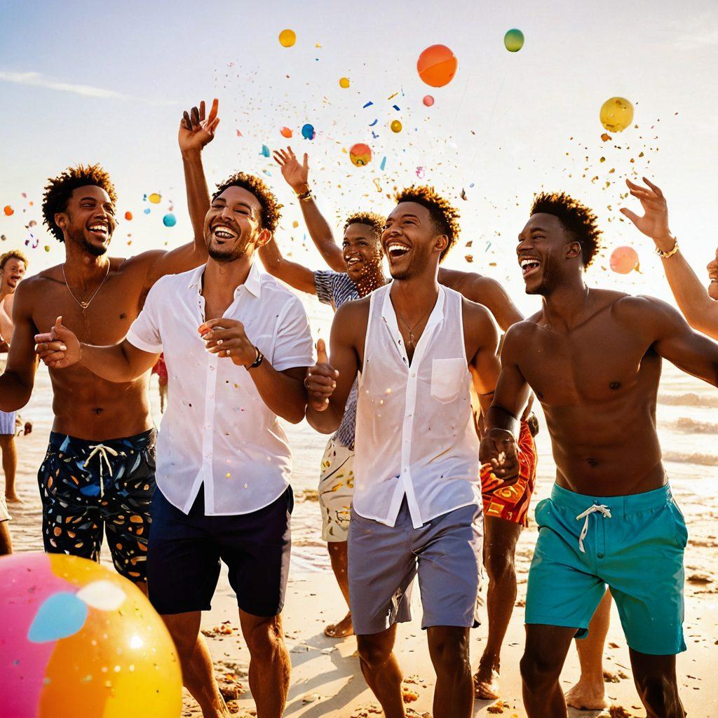 A dynamic scene featuring a group of joyful men laughing and celebrating at a beach party, with confetti swirling in the air. The sun shines brightly, casting warm tones on their diverse faces, highlighting genuine expressions of happiness and camaraderie. Include playful beach elements like surfboards and beach balls in the background, with a vibrant sunset setting the mood. super-realistic. vibrant colors.