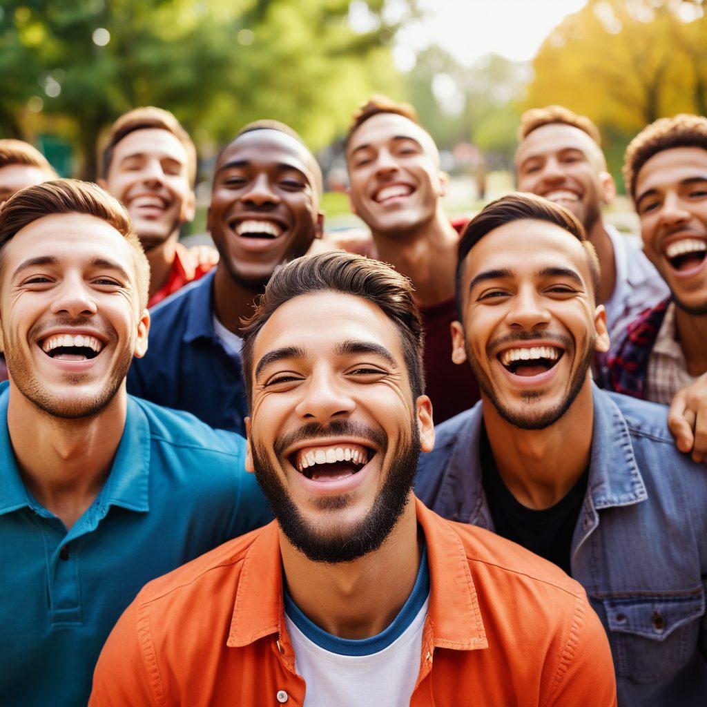 A collection of joyful male expressions captured in vibrant colors: men of diverse backgrounds smiling, laughing, and sharing moments of camaraderie in various settings like parks and urban spaces. The focus is on their genuine happiness, showcasing candid shots that reflect positivity and empowerment. The background is lively and colorful, symbolizing a celebration of life. super-realistic. vibrant colors. soft focus.
